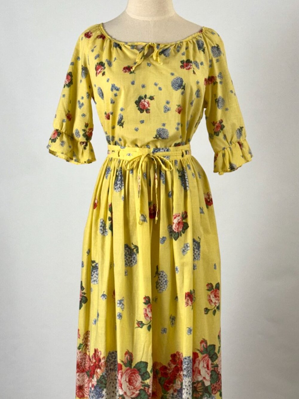 Vtg Yellow Floral Peasant Blouse Top & Skirt Matching Set Provincial Cottagecore